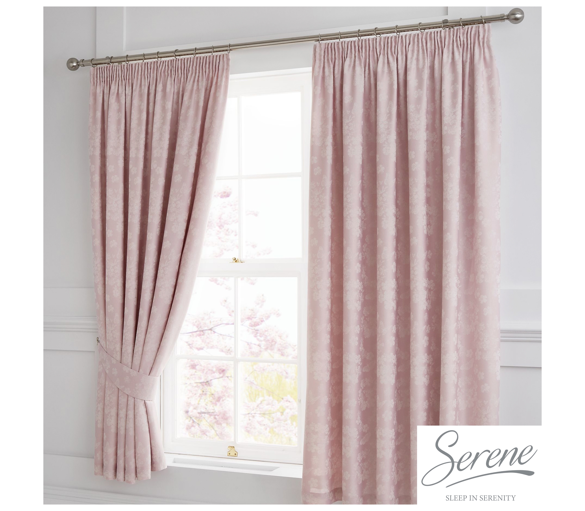 Serene Blossom Blush Lined Pencil Curtains with Tiebacks