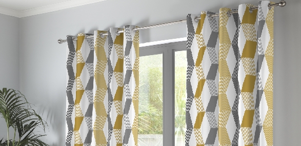 Fusion "Delta" Geometric Floral 100% Cotton Fully Lined Eyelet Curtains Ochre 