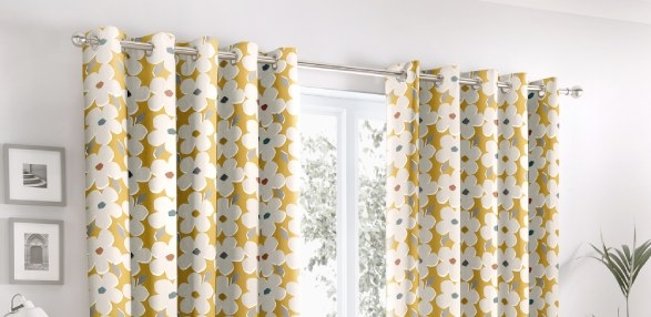 Ochre Fusion Tropical Leaf 100% Cotton Eyelet Lined Curtains 
